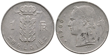 Бельгия 1 франк 1960 Belgie, Бодуэн I (1951-1993) KM 143.1 медно-никель 4382-1125