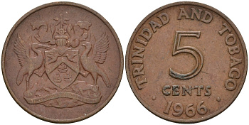 Тринидад и Тобаго 5 центов 1966 герб KM 2 бронза 4605-736
