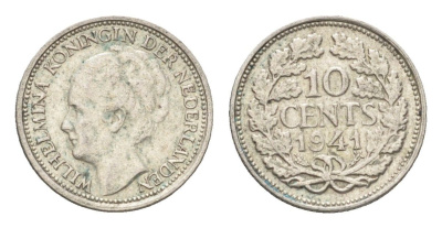 Нидерланды 10 центов 1941 Вильгельмина I (1890-1948) KM 163 серебро 4659-1167