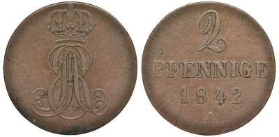Ганновер 2 пфеннига 1842 A, Эрнст Август (1837-1851) KM 174.1, AKS 122, J. 55 медь 75-1725