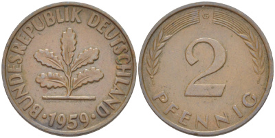 ФРГ 2 ПФЕННИГА 1959 G KM 106, J. 381 бронза 4181-721