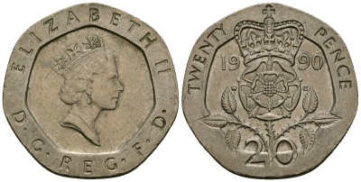 Великобритания 20 пенсов 1990 Елизавета II (1952-2022) KM 939, Spink 4361 (G2) медно-никель 4538-1231
