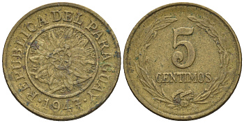 Парагвай 5 сентимо 1947  KM 21 алюминиевая бронза    220-1015