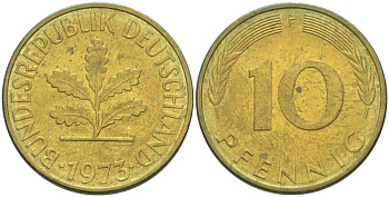 ФРГ 10 ПФЕННИГОВ 1973 F KM 108, J. 383 сталь плакированная латунью 219-451