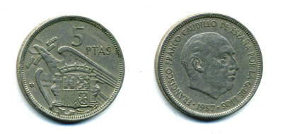ИСПАНИЯ 5 ПЕСЕТ 1957 (68) ФРАНСИСКО ФРАНКО ДИКТАТОР ИСПАНИИ (1939-1975) KM 786 медно-никель 53-1233