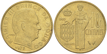 Монако 10 сантимов 1978 Ренье III (1949-2005) KM 142 алюминиевая бронза 188-1051