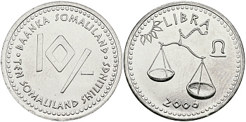 Сомалиленд 10 шиллингов 2006 СЕРИЯ ЗНАКИ ЗОДИАКА, ВЕСЫ KM NEW никелированная сталь UNC 540-832