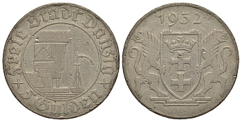 Данциг 5 гульденов 1932 портовый кран, редкая J.D18 серебро, цена по каталогу МТ 825 евро 10-016-34