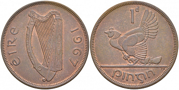ИРЛАНДИЯ 1 ПЕННИ 1967 КУРИЦА С ЦЫПЛЯТАМИ KM 11 бронза 4545-1031