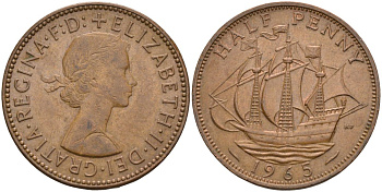 Великобритания 1/2 пенни 1965 Елизавета II (1952-2022) KM 896, Spink 4158 бронза 4126-812