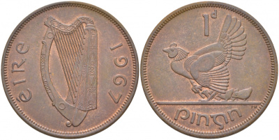 ИРЛАНДИЯ 1 ПЕННИ 1967 КУРИЦА С ЦЫПЛЯТАМИ KM 11 бронза 4545-1031