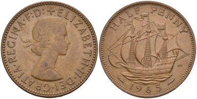 Великобритания 1/2 пенни 1965 Елизавета II (1952-2022) KM 896, Spink 4158 бронза 4126-812