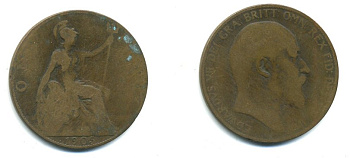 Великобритания 1 пенни 1905 Эдуард VII (1901-1910) KM 794.2, Spink 3990 бронза 47-135