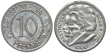 Германия, Бонн 10 пфеннигов 1920 Бетховен, Северный Рейн-Вестфалия, нотгельд Funck 51.1A железо 4119-1042