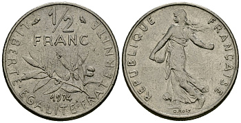 Франция 1/2 франка 1974 сеятель KM 931 никель 4135-655