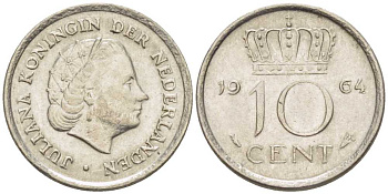 НИДЕРЛАНДЫ 10 ЦЕНТОВ 1964 ЮЛИАНА (1948-1980) KM 182 никель 214-1212