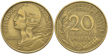 ФРАНЦИЯ 20 САНТИМОВ 1967 ТИП MARIANNE KM 930, LE FRANC 156.7 медь алюминий никель 175-827