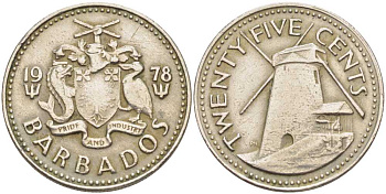 Барбадос 25 центов 1978 ветряная мельница Моргана Льюиса KM 13 медно-никель 4402-212