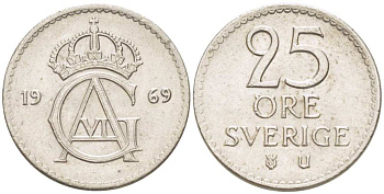 Швеция 25 эре 1969 U, Густав VI Адольф (1950-1973) KM 836 медно-никель 4516-465