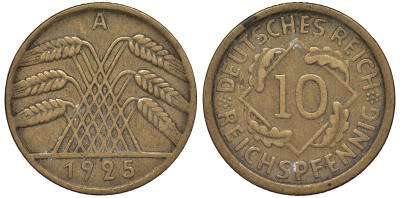 Германия 10 рейхспфеннигов 1925 A KM 40, J.317, Weege 9 алюминиевая бронза 4163-221