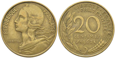 ФРАНЦИЯ 20 САНТИМОВ 1967 ТИП MARIANNE KM 930, LE FRANC 156.7 медь алюминий никель 175-827