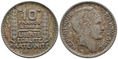 Франция 10 франков 1948 тип Пьер Турин KM 909.1, Le Franc 362.3 медно-никель 63-936