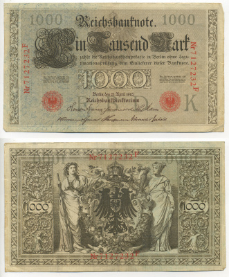 ГЕРМАНИЯ 1000 МАРОК 1910 КРАСНАЯ ПЕЧАТЬ, 7 ЦИФР В НОМЕРЕ Pick 44b бумага 6293-22-2