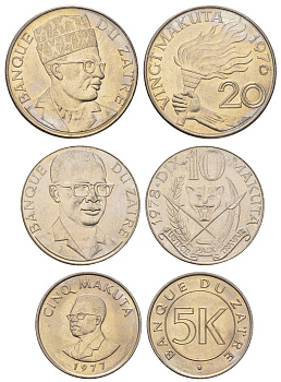 Заир лот из 3 монет 1976-1978 (5, 10 и 20 макута) KM 7, 8, 12 медно-никель UNC 650-1841