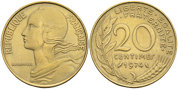 Франция 20 сантимов 1974 тип Marianne KM 930 медь алюминий никель    4177-113