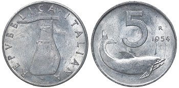 Италия 5 лир 1954 плуг, дельфин KM 92 алюминий 4163-722