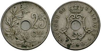 Бельгия 25 сантимов 1909 Belgique KM 62 медно-никель 4168-1212
