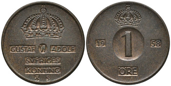 Швеция 1 эре 1958 TS, Густав VI Адольф (1950-1973) KM 820 бронза 54-1242