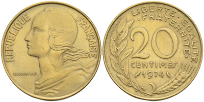 Франция 20 сантимов 1974 тип Marianne KM 930 медь алюминий никель    4177-113