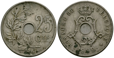 Бельгия 25 сантимов 1909 Belgique KM 62 медно-никель 4168-1212