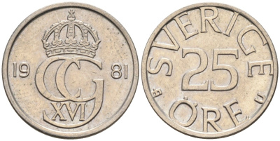Швеция 25 эре 1981 Карл XVI Густав (1973- ) KM 851 медно-никель UNC 4585-525