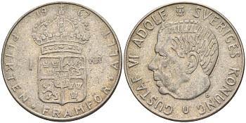 Швеция 1 крона 1967 U, Густав VI Адольф (1950-1973) KM 826 серебро 4150-226