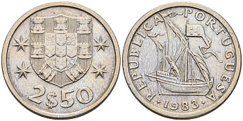 Португалия 2,5 эскудо 1983 парусник KM 590 медно-никель    4160-1228