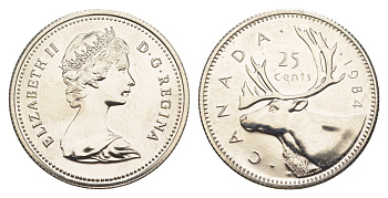 Канада 25 центов 1984 Елизавета II (1952-2022), олень KM 74 никель PROOF-LIKE (BU) 4638-531
