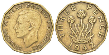 Великобритания 3 пенса 1942 Георг VI (1936-1952) KM 849, Spink 4112 никель латунь 217-332