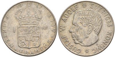 Швеция 1 крона 1967 U, Густав VI Адольф (1950-1973) KM 826 серебро 4150-226