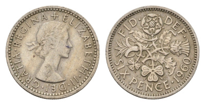 Великобритания 6 пенсов 1960 Елизавета II (1952-2022) KM 903, Spink 4149 медно-никель 4708-345
