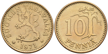 ФИНЛЯНДИЯ 10 ПЕННИ 1971 S KM 46 алюминиевая бронза 192-1035