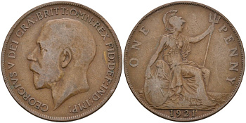Великобритания 1 пенни 1921 Георг V (1910-1936) KM 810, Spink 4051 бронза 97-324