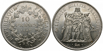 Франция 10 франков 1967 Геракл с богинями равенства и братства KM 932 серебро 413-2845