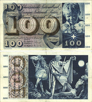 Швейцария 100 франков 1965 23 декабря 1965, серия 53 V, подпись 39 Pick 49 h бумага 8606-24-1-2