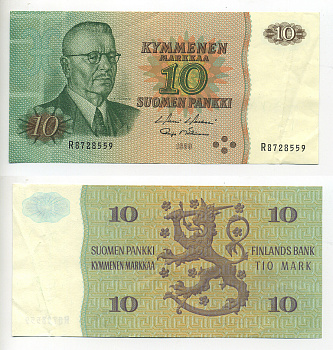 ФИНЛЯНДИЯ 10 МАРОК 1980 Pick 111a бумага 7214-15-1