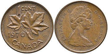 Канада 1 цент 1970 Елизавета II (1952-2022), кленовый лист KM 59.1 бронза 4528-734