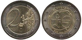 Словения 2 евро 2009 10 лет монетарной политики и введения евро KM 82 биметалл UNC M1-06