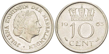 НИДЕРЛАНДЫ 10 ЦЕНТОВ 1963 ЮЛИАНА (1948-1980) KM 182 никель 214-1165