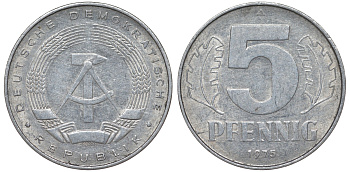 ГДР 5 ПФЕННИГОВ 1975 A KM 9.1 алюминий 62-313